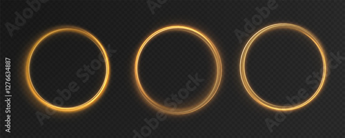 Magical golden ring with glowing light swirls, spark trails, and radiant reflections. A detailed vector illustration featuring a neon-inspired circular glow, futuristic speed effects