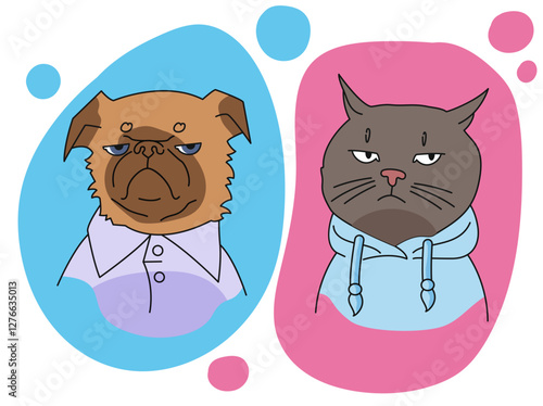 vector illustration portrait of cat and dog flat doodle style bright colors cute pets