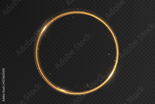 Round golden sparkling frame with glowing light effects, isolated on a black background. A luxurious vector illustration featuring a shimmering gold ring with sparkles and radiant reflections