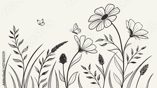 Black and white illustration, delicate floral design, simple line drawings, wildflowers, daisies, leaves, stems, botanical sketch, minimalist garden scene, whimsical butterflies, nature-inspired artwo