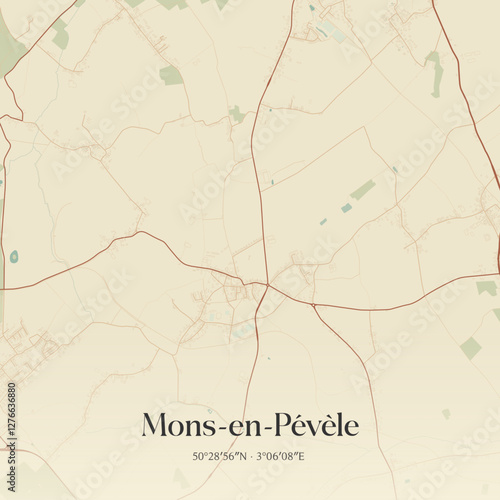Vintage map of Mons-en-Pévèle, France.