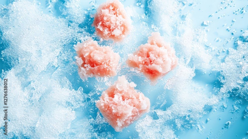 Fototapeta premium Fresh seafood cubes resting on ice, surrounded by a cool blue background, ideal for culinary use