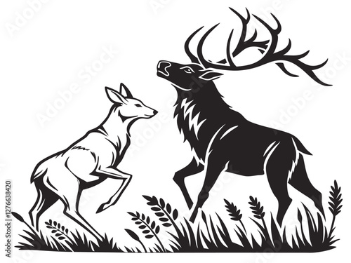 Silhouette illustration, deer and fawn, black and white art, antlers, grass details, woodland scene, woodcut style, contrasting shapes, wildlife art, minimalist design, nature motif, strong outlines, 