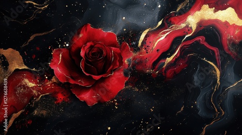 Vibrant red rose with gold and black abstract background enhancing dramatic contrast