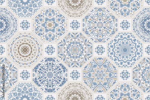 Seamless colorful patchwork. Hand drawn background. Azulejos tiles patchwork. Traditional ornate Portuguese and Spanish decorative tiles azulejos. Abstract background. Ceramic tiles. Vector