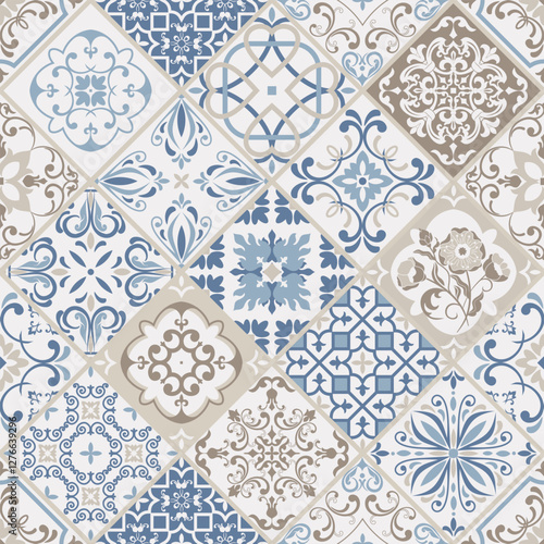 Seamless colorful patchwork. Hand drawn background. Azulejos tiles patchwork. Traditional ornate Portuguese and Spanish decorative tiles azulejos. Abstract background. Ceramic tiles. Vector