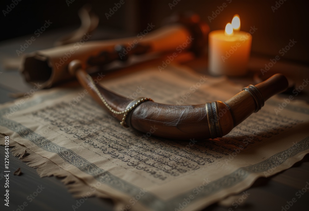 Ornate horn resting on a religious text with a candle in the background Ornate horn resting on a religious text with a candle in the background