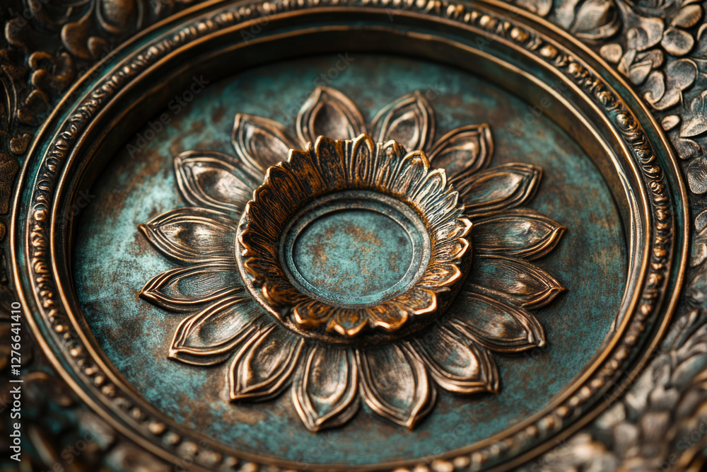 Intricate bronze floral medallion with a distressed teal patina, showcasing exquisite craftsmanship and ornate details. Intricate bronze floral medallion with a distressed teal patina, showcasing exquisite craftsmanship and ornate details.