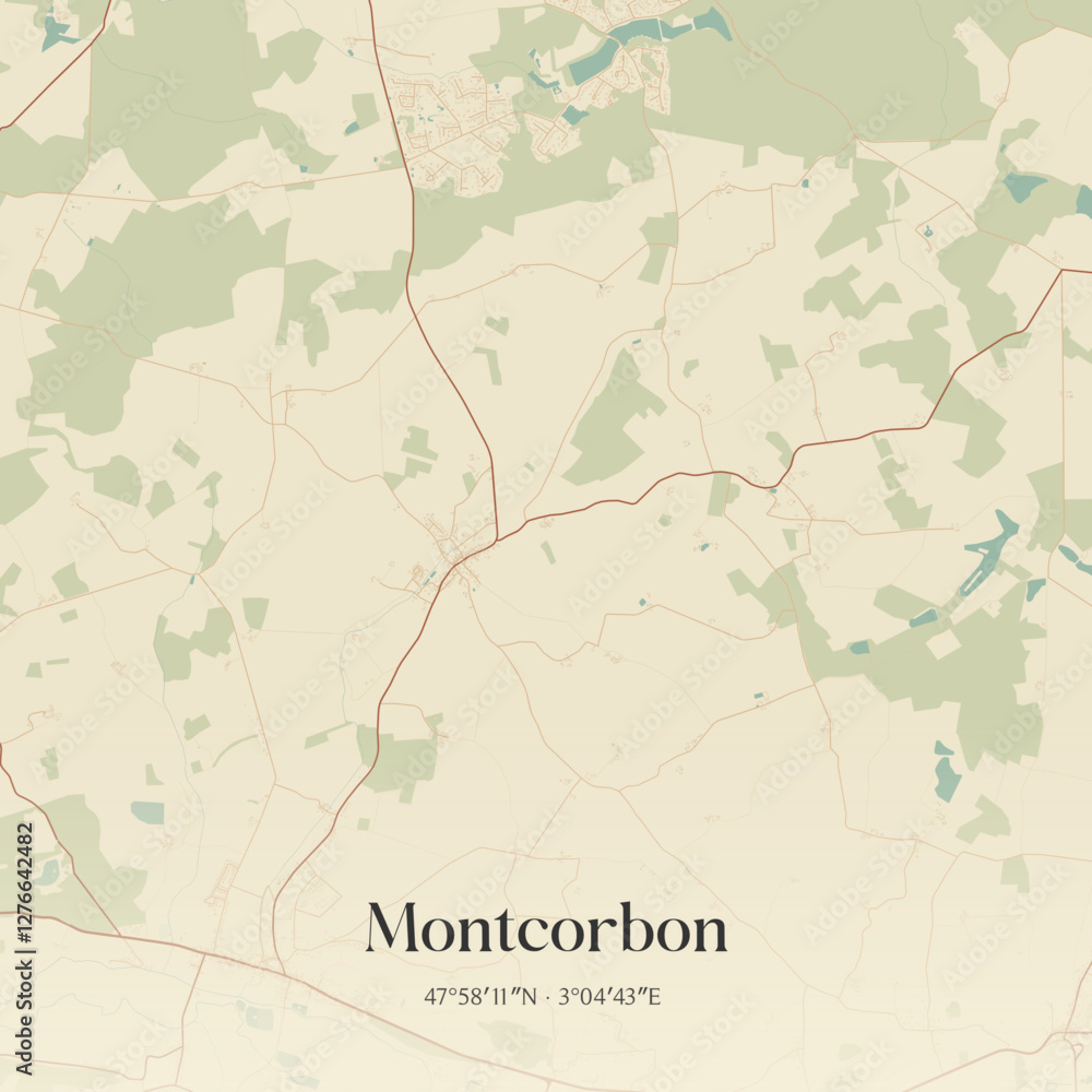 Fototapeta premium Vintage map of Montcorbon, France.