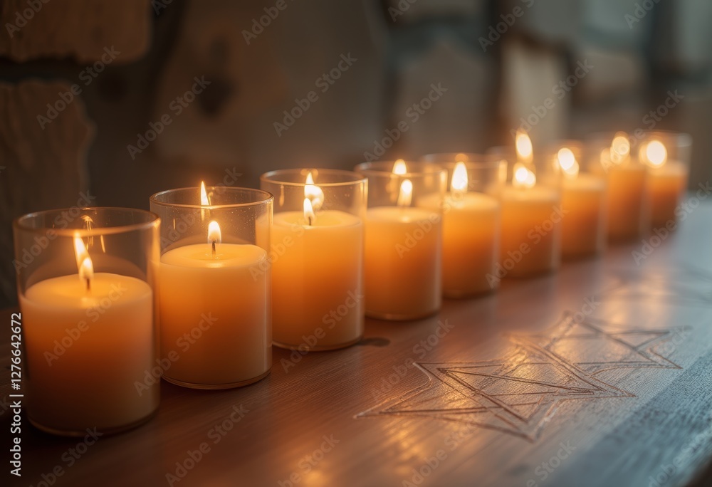 Row of lit candles creating a serene atmosphere Row of lit candles creating a serene atmosphere
