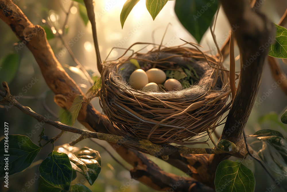 A cozy bird’s nest nestled in the branches of a tree, surrounded by soft, leafy greenery A cozy bird’s nest nestled in the branches of a tree, surrounded by soft, leafy greenery
