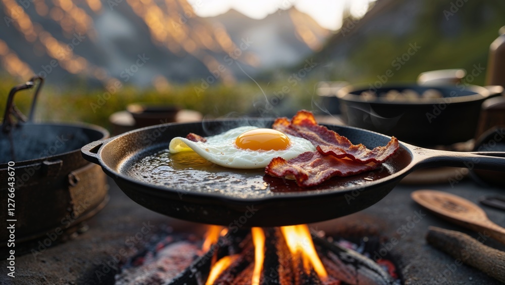 Crispy bacon and a fried egg sizzle in a skillet over a campfire in the mountains. Crispy bacon and a fried egg sizzle in a skillet over a campfire in the mountains.