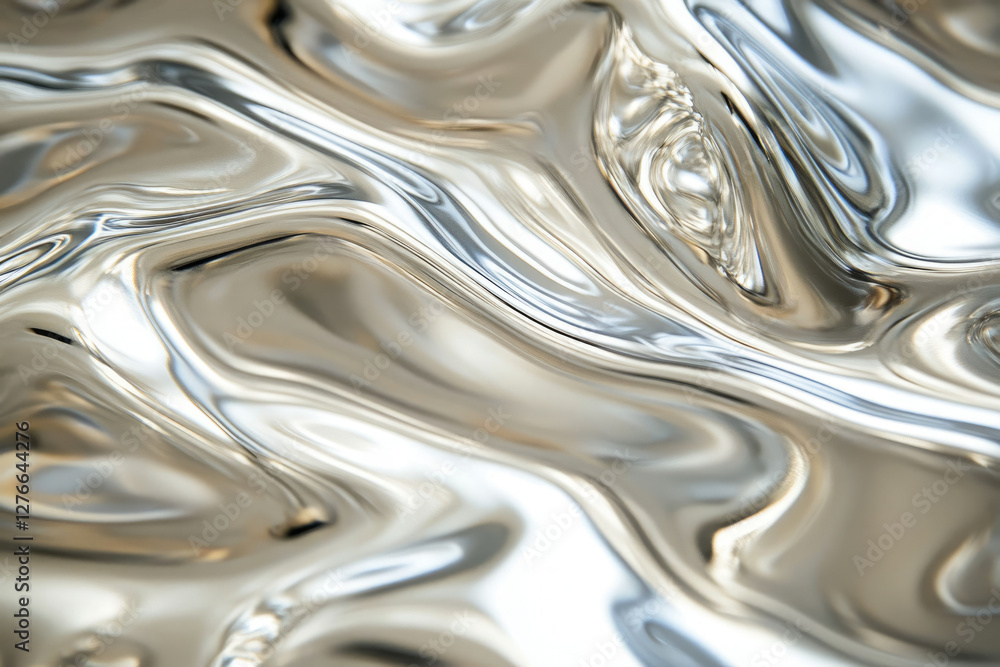 Abstract image of flowing, metallic liquid, shimmering with reflective, wavy patterns.