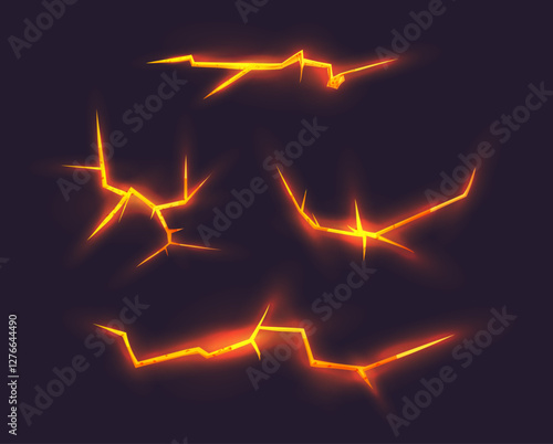 Set of thunder or ground cracks with lava in red and orange color