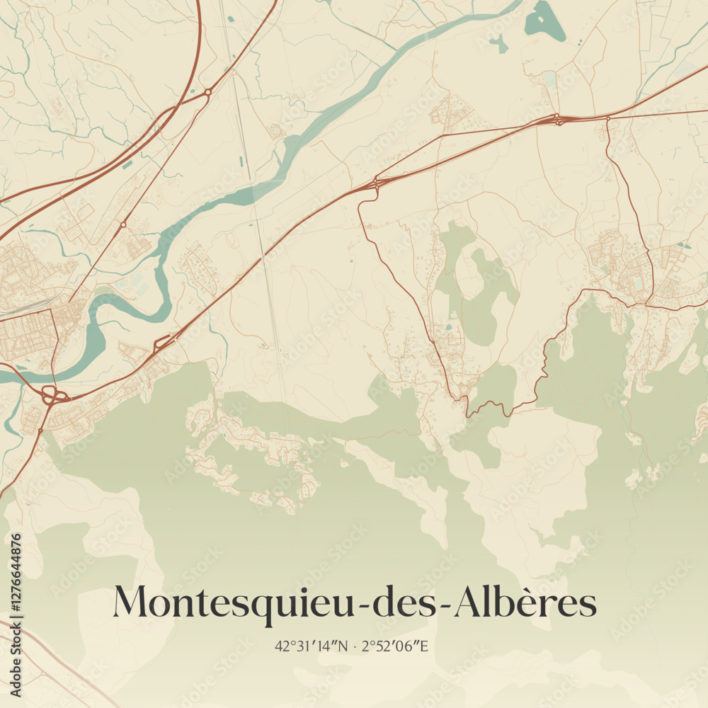 Fototapeta premium Vintage map of Montesquieu-des-Albères, France.