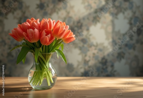 Wallpaper Mural Elegant arrangement of vibrant orange tulips in a clear glass vase with green leaves on a wooden surface against a floral-patterned background Torontodigital.ca