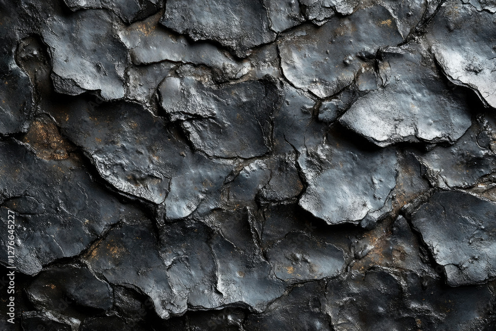 Dark, cracked, textured surface resembling volcanic rock or hardened lava. Dark, cracked, textured surface resembling volcanic rock or hardened lava.