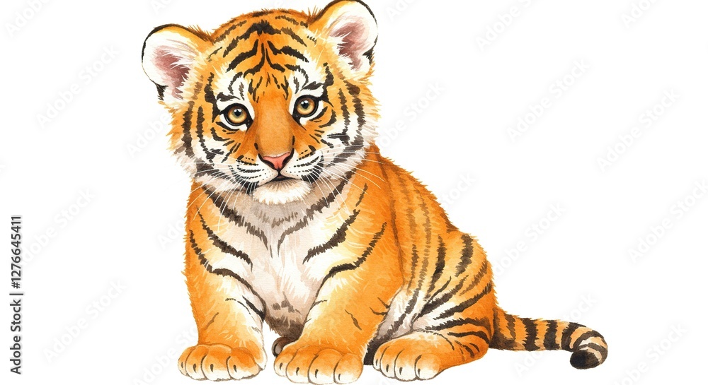 Obraz premium Adorable Tiger Cub Sitting Isolated Illustration Watercolor Style Design Element