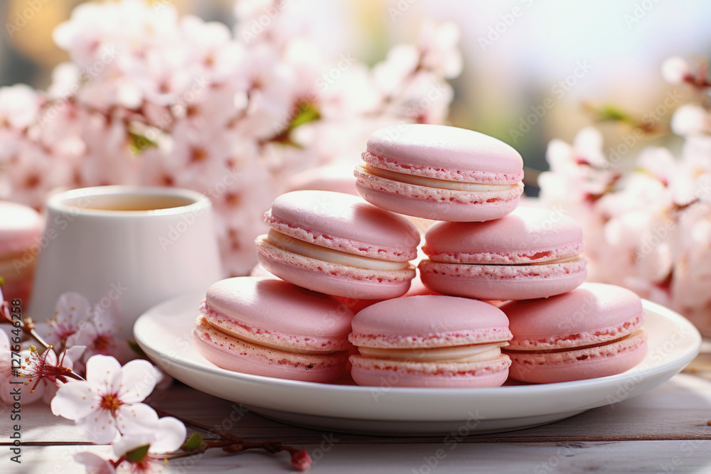 plate of pink macarons with a coffee cup, set against a backdrop of cherry blossoms, springtime scene, delicate pastel tones