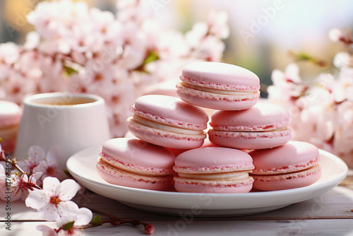 Obraz na płótnie plate of pink macarons with a coffee cup, set against a backdrop of cherry blossoms, springtime scene, delicate pastel tones w salonie
