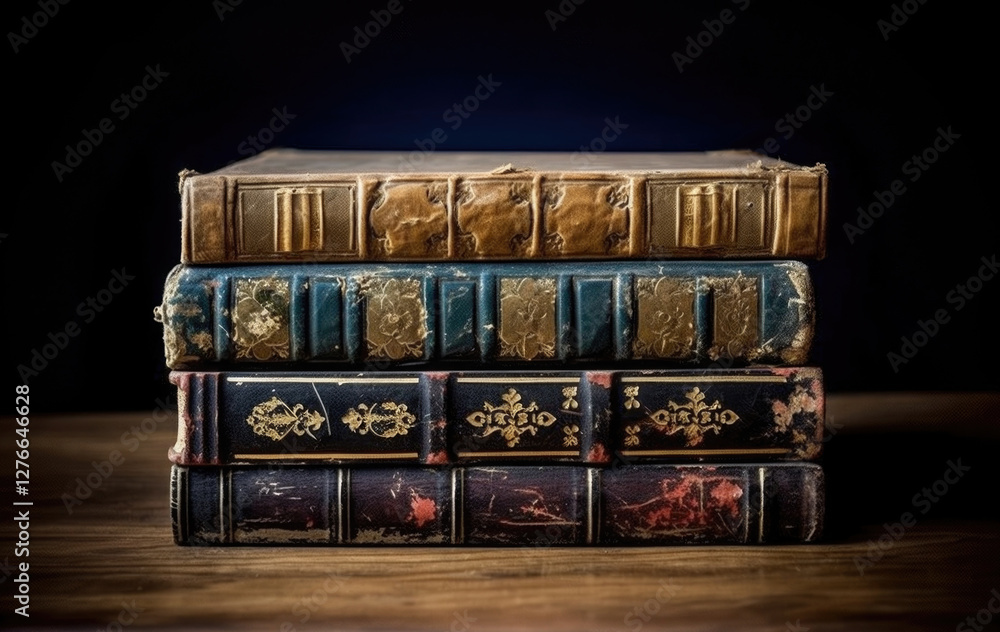 stack of ornate, antique books with richly decorated covers on a wooden table, vintage atmosphere.