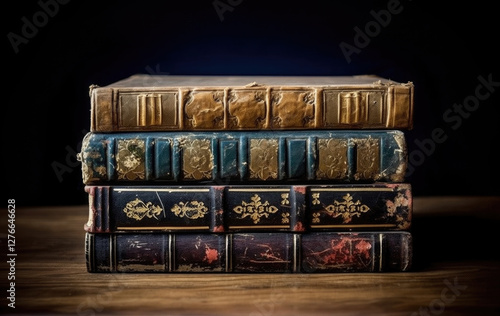 stack of ornate, antique books with richly decorated covers on a wooden table, vintage atmosphere.