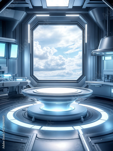 Fototapeta Naklejka Na Ścianę i Meble -  A futuristic space with sleek design, LED lighting, and a platform, offering a high-tech, digital backdrop perfect for showcasing products in a sci-fi setting.