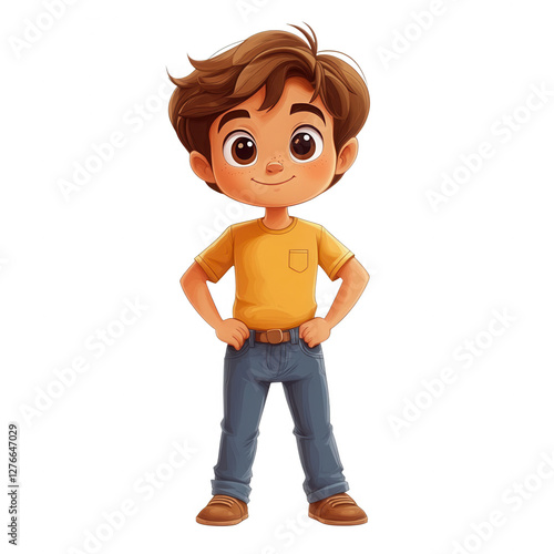 A cartoon boy is standing with his hands on his hips isolated on transparent background.PNG