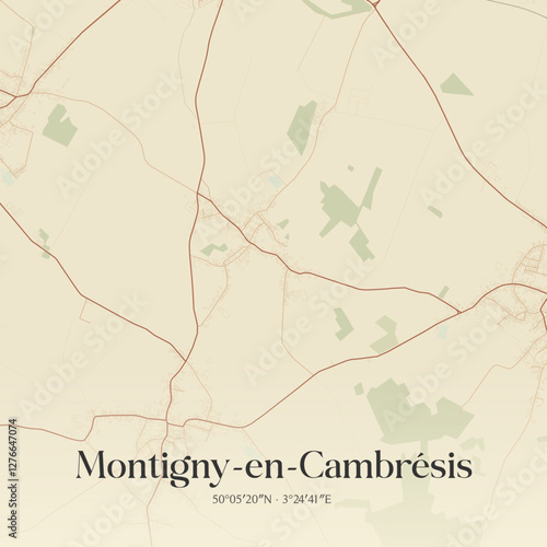Vintage map of Montigny-en-Cambrésis, France.