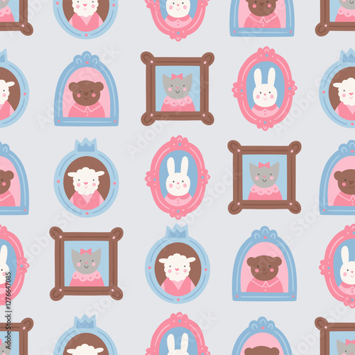 Seamless patten with cute animals portrait in the vintage frames. Cartoon rabbit, bear, sheep and cat. Children texture in flat style for kids bedding or wrapping paper. 