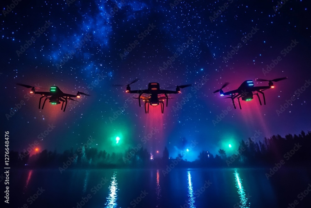 Naklejka premium Three drones flying over a lake at night, illuminating the water with colorful lights, against a backdrop of a starry sky