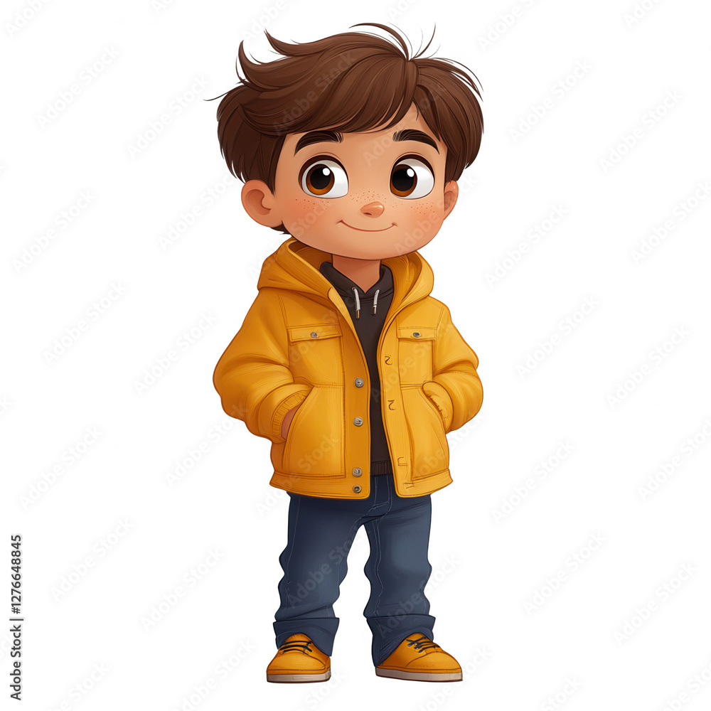 A cartoon boy is wearing a yellow jacket and blue jeans isolated on transparent background.PNG