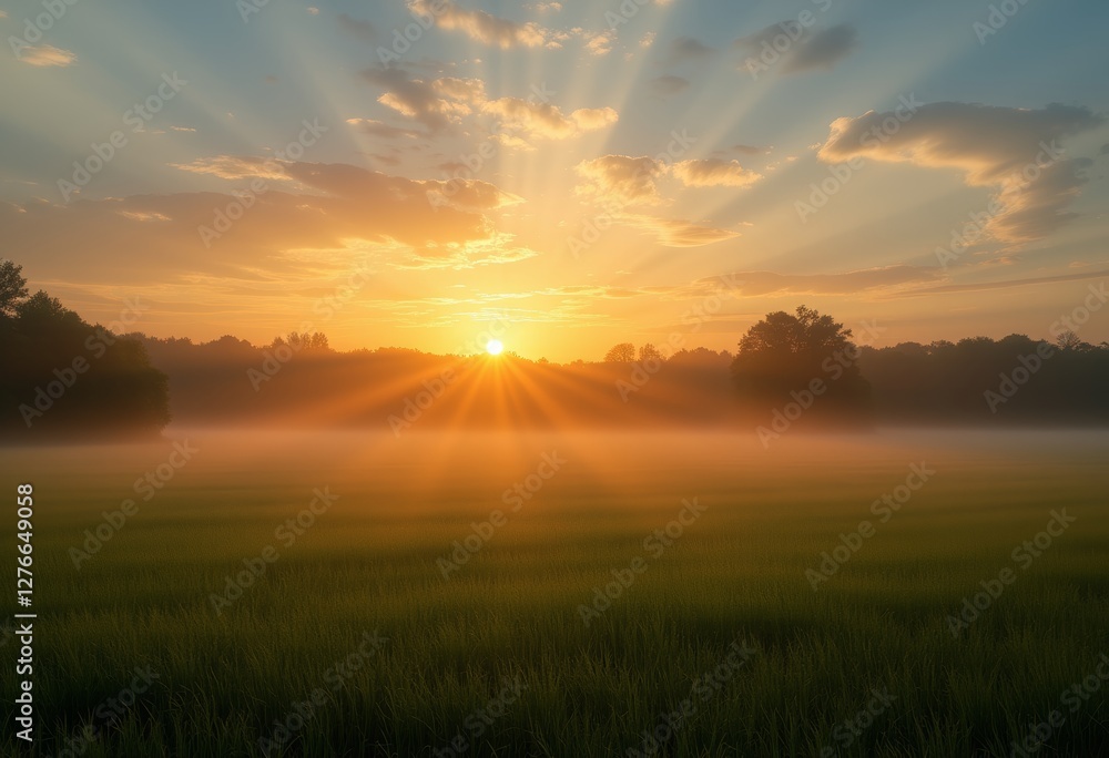 Obraz premium Sunrise over a serene field with golden rays piercing through the clouds casting a warm glow on the lush greenery and distant mountains