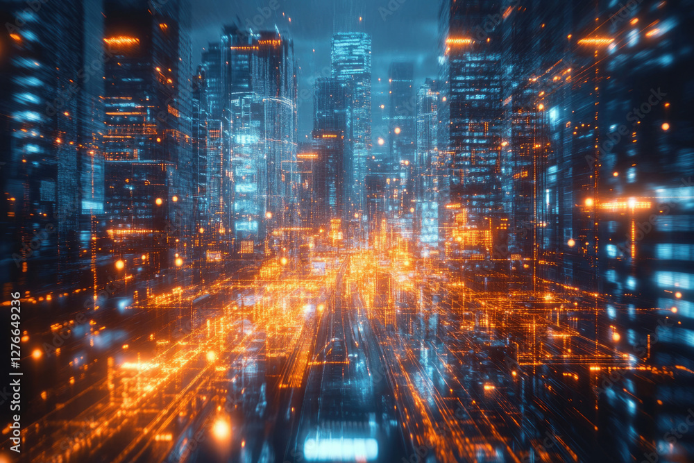 A futuristic cityscape depicted with vibrant orange and blue digital streams, showcasing a blend of technology and urban architecture. A futuristic cityscape depicted with vibrant orange and blue digital streams, showcasing a blend of technology and urban architecture.