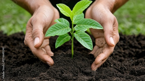 Hands nurturing a young plant in rich soil during a sunny day in a garden, emphasizing the importance of caring for nature for future growth