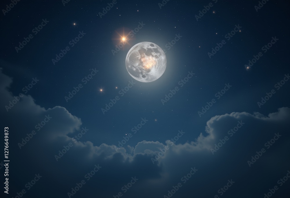 Fototapeta premium Glowing full moon with visible craters accompanied by bright stars and scattered clouds in a dark blue night sky evoking a sense of mystery and awe