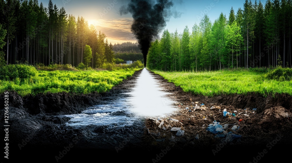 Obraz premium Contrast between a pristine forest and polluted land shows environmental decline in a once lush landscape at sunset
