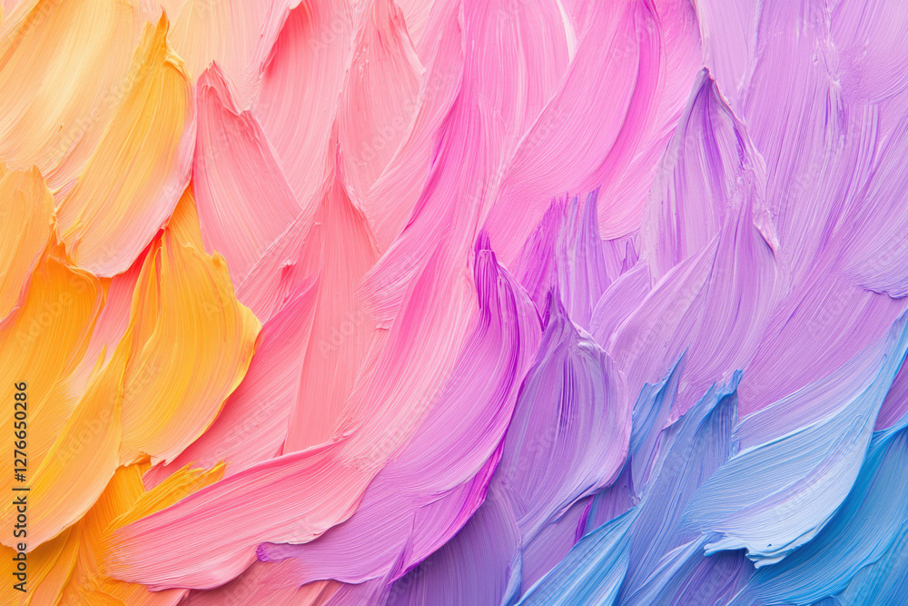 Vibrant, textured abstract painting with a gradient of pastel colors from orange to purple. Vibrant, textured abstract painting with a gradient of pastel colors from orange to purple.