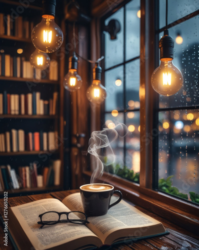 Cozy evening vibes with a warm cup of coffee and a good book by the window in a rainy city atmosphere