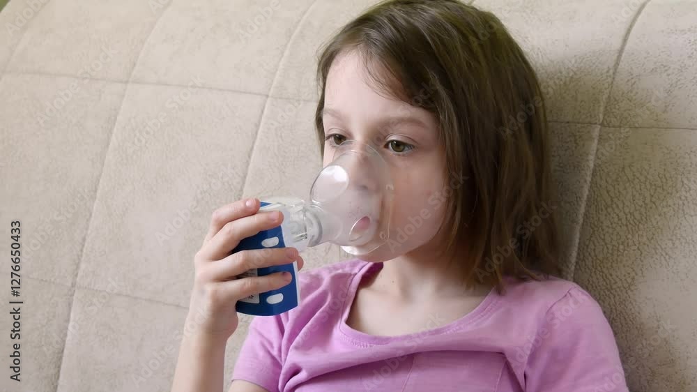 Young girl sitting on couch using a nebulizer with a mask for inhalation therapy. Pediatric respiratory treatment, asthma relief, breathing support. Young girl sitting on couch using a nebulizer with a mask for inhalation therapy. Pediatric respiratory treatment, asthma relief, breathing support.