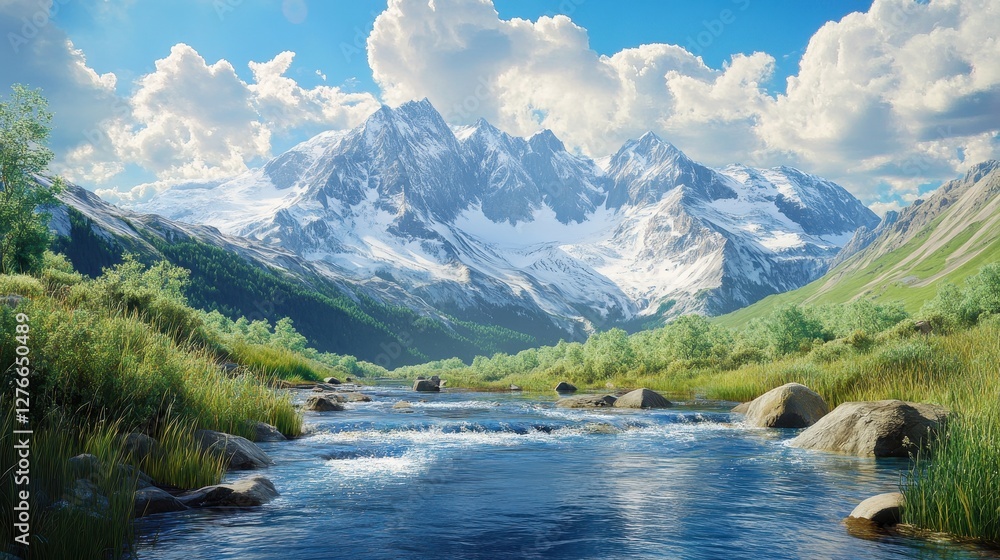 Fototapeta premium Majestic snow-capped mountains and clear river under a cloudy blue sky in summer landscape