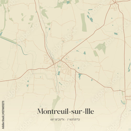 Vintage map of Montreuil-sur-Ille, France.