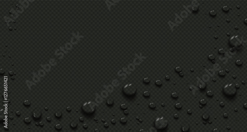 Water drops  wet surface.
Illustration of drops of condensation, dew, cosmetic gel, serum, oil droplets, skin care products, transparent liquid bubbles and shower or bathroom wall design elements. PNG