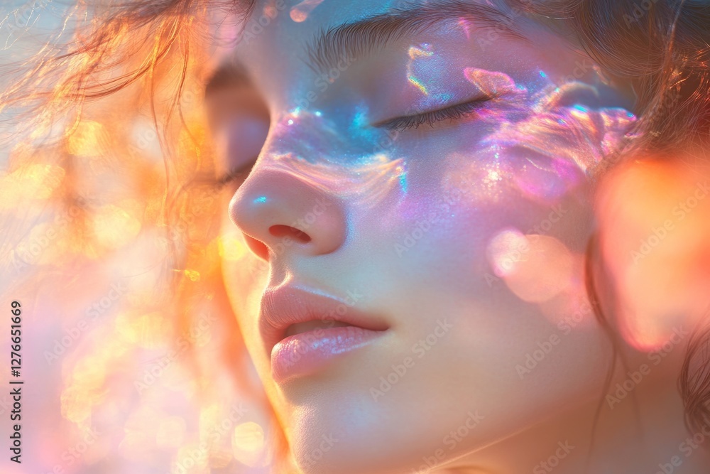 Model relaxing with closed eyes and colorful light reflections projected on her face during a wellness treatment Model relaxing with closed eyes and colorful light reflections projected on her face during a wellness treatment