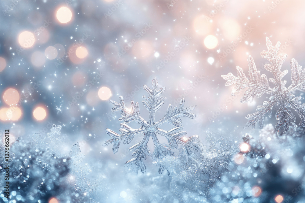 Sparkling snowflakes rest on a snowy surface, illuminated by soft, warm lights, creating a magical winter scene. Sparkling snowflakes rest on a snowy surface, illuminated by soft, warm lights, creating a magical winter scene.