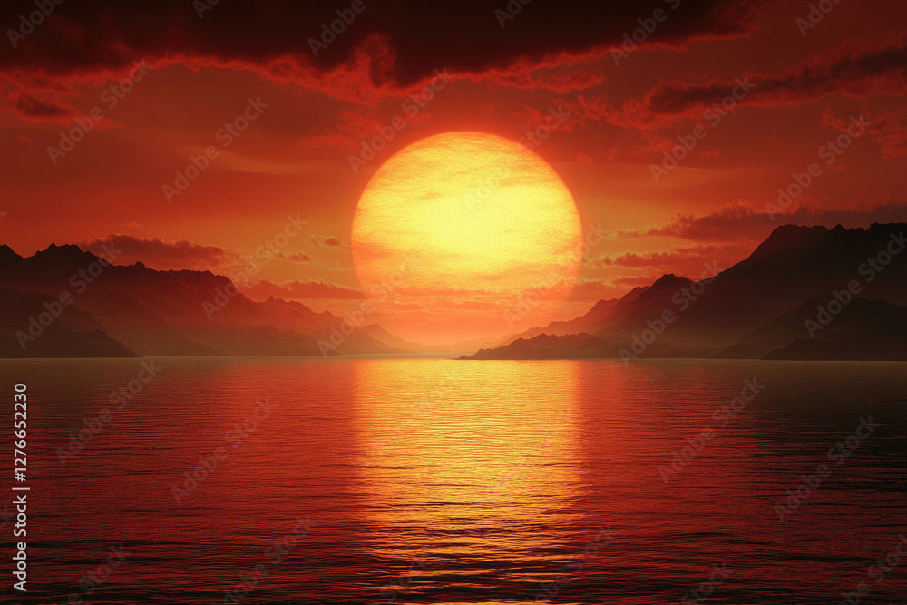 A fiery sunset paints the sky and sea with intense orange and red hues, casting a warm glow over the silhouetted mountains. A fiery sunset paints the sky and sea with intense orange and red hues, casting a warm glow over the silhouetted mountains.