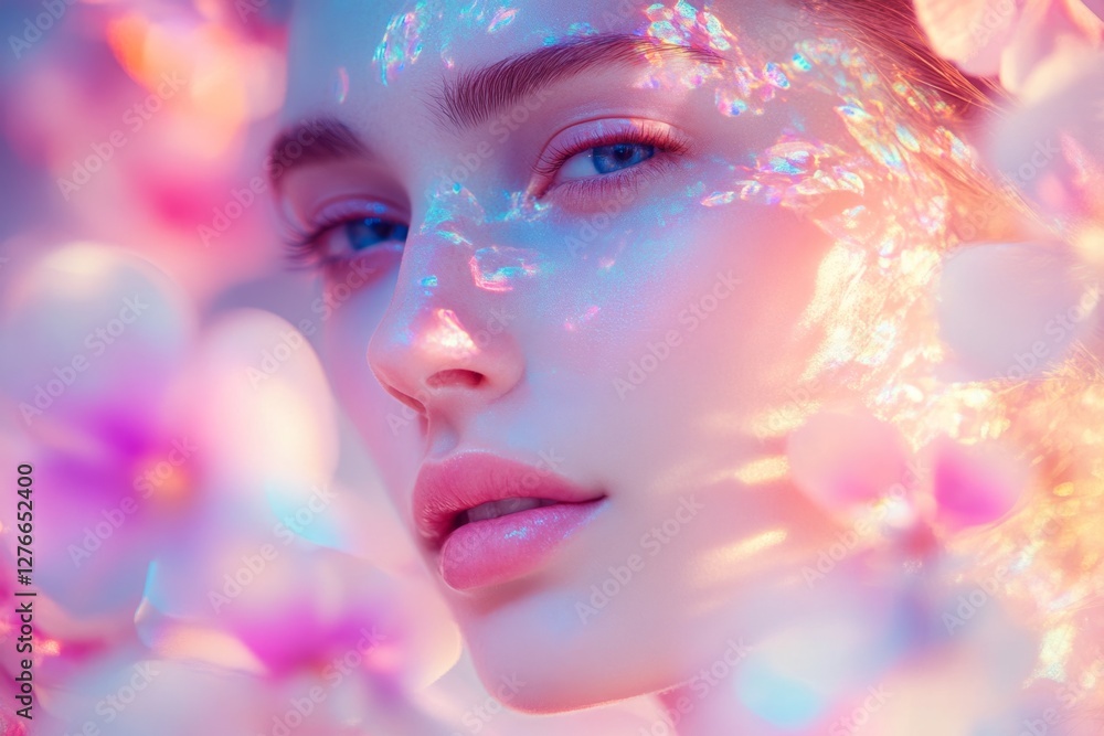 Soft light and flowers create a serene, ethereal portrait Soft light and flowers create a serene, ethereal portrait