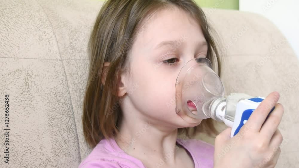 Girl sitting on couch using a nebulizer with a mask for inhalation therapy. Child receiving respiratory treatment, asthma relief, medical care at home. Girl sitting on couch using a nebulizer with a mask for inhalation therapy. Child receiving respiratory treatment, asthma relief, medical care at home.