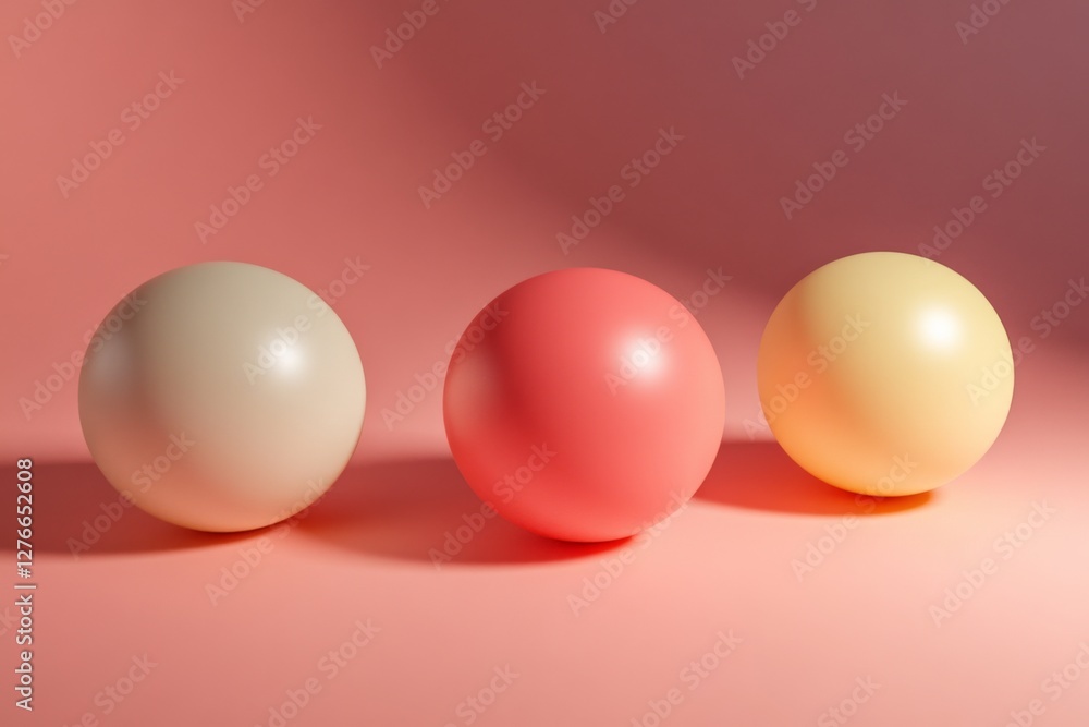 Pastel-colored spheres on pink background with soft shadows Pastel-colored spheres on pink background with soft shadows
