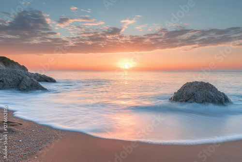 Serene sunrise over tranquil ocean beach with gentle waves lapping sandy shore.